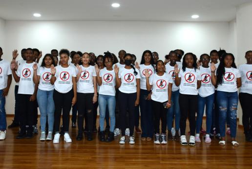 Child Labour Prevention Ambassadors pose for a group photo.