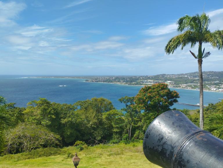 A colonial-era cannon sits on top of a green hill overlooking the blue ocean